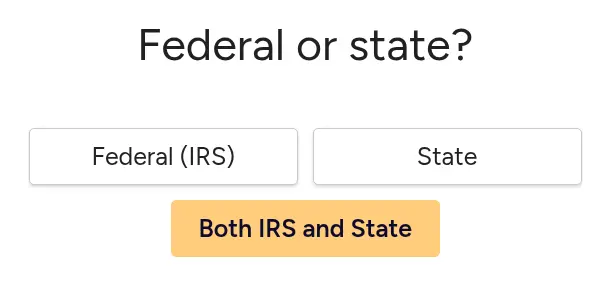 SuperMoney multi-step form screen 3: whether the debt is owed to the IRS, the state, or both