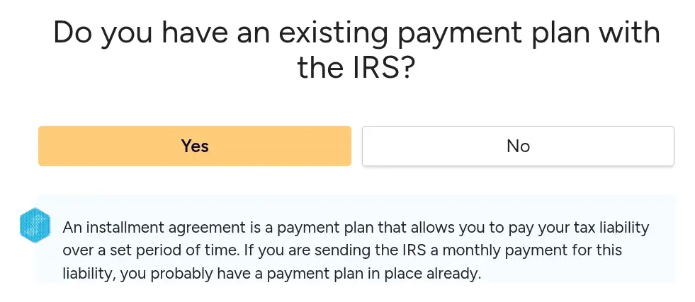 SuperMoney multi-step form screen 4: whether you already have an IRS payment plan, as yes or no buttons with an explainer
