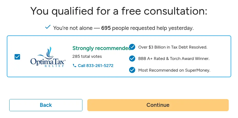 SuperMoney multi-step form screen 6: nothing: it shows the matched tax relief firm, with a Continue button
