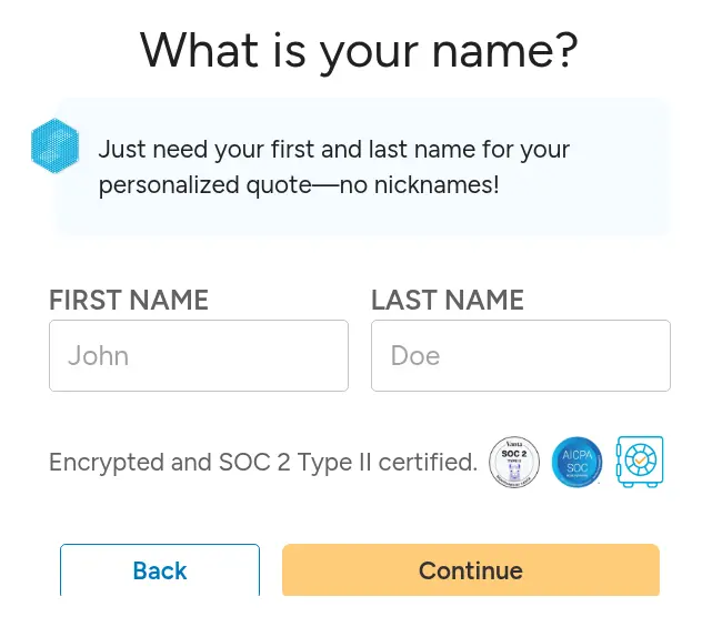 SuperMoney multi-step form screen 8: your first and last name