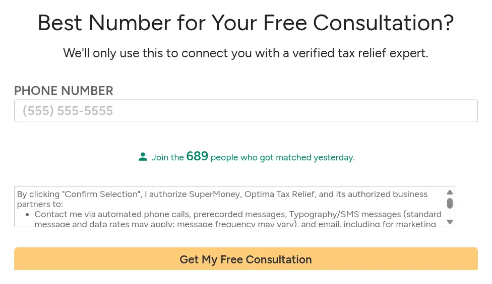 SuperMoney multi-step form screen 9: your phone number, above the consent text and the Get My Free Consultation button