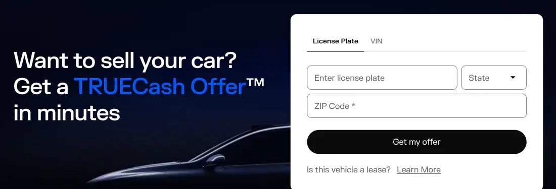 TrueCar multi-step form screen 1: license plate (or VIN tab), state and ZIP code