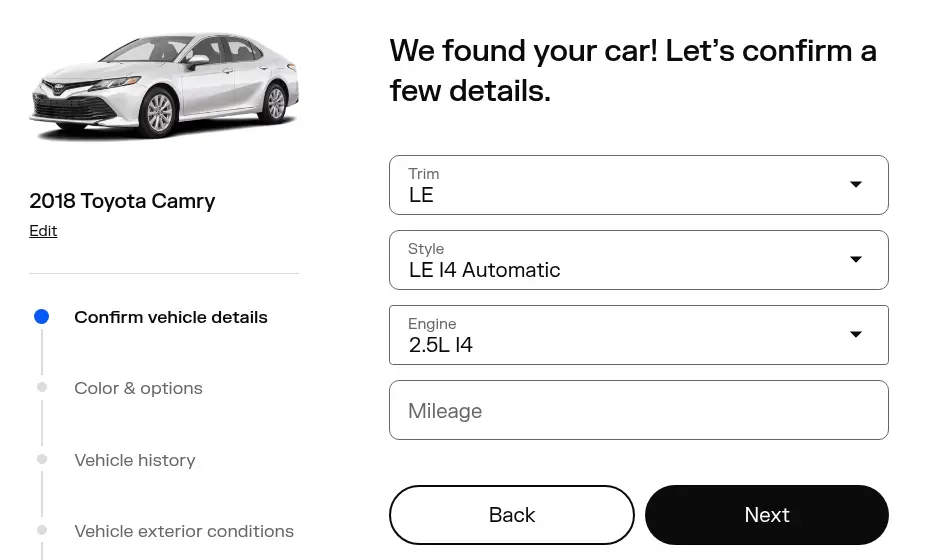 TrueCar multi-step form screen 2: confirm trim, style and engine, and enter the mileage