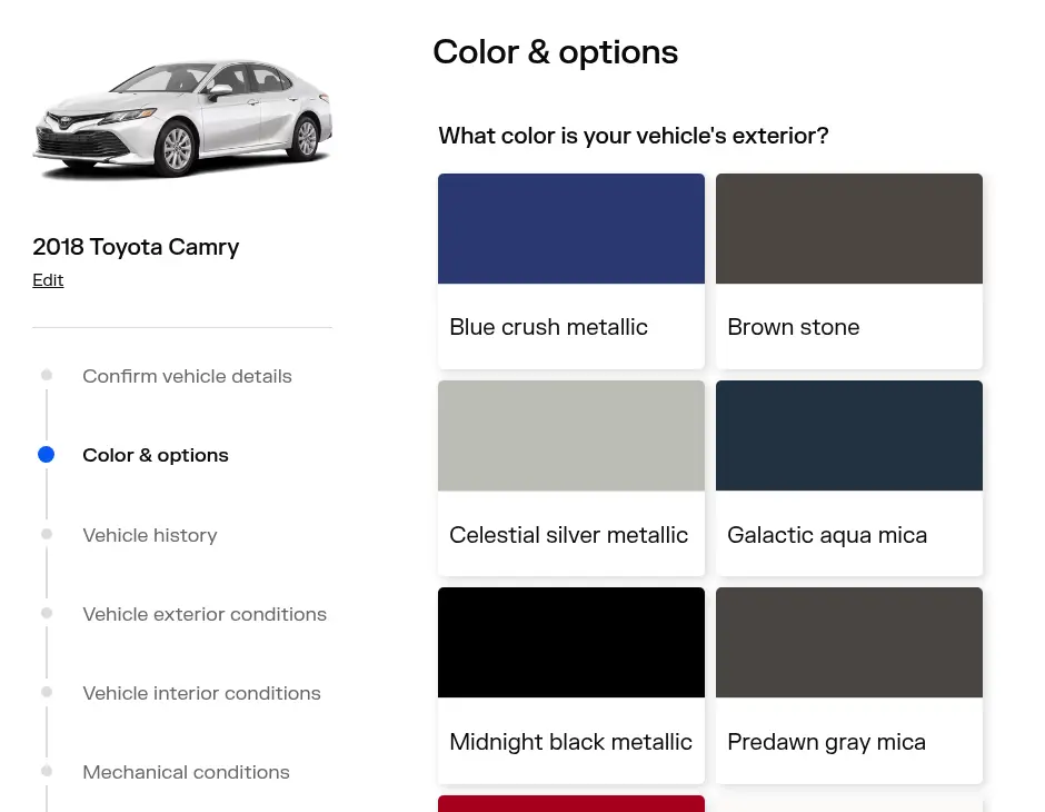 TrueCar multi-step form screen 3: pick the exterior and interior colors and any option packages