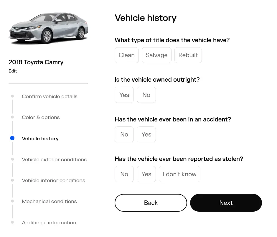 TrueCar multi-step form screen 4: title type, ownership, accident and theft history