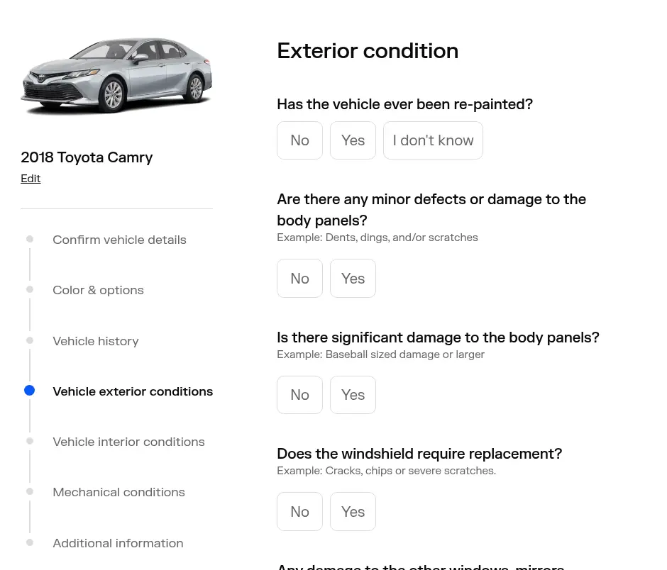 TrueCar multi-step form screen 5: paint, body panel and windshield condition