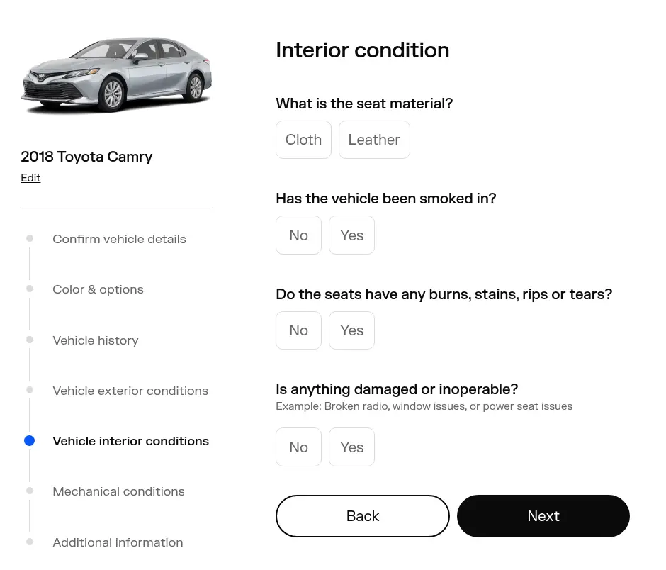 TrueCar multi-step form screen 6: seat material, smoking, seat damage and broken parts