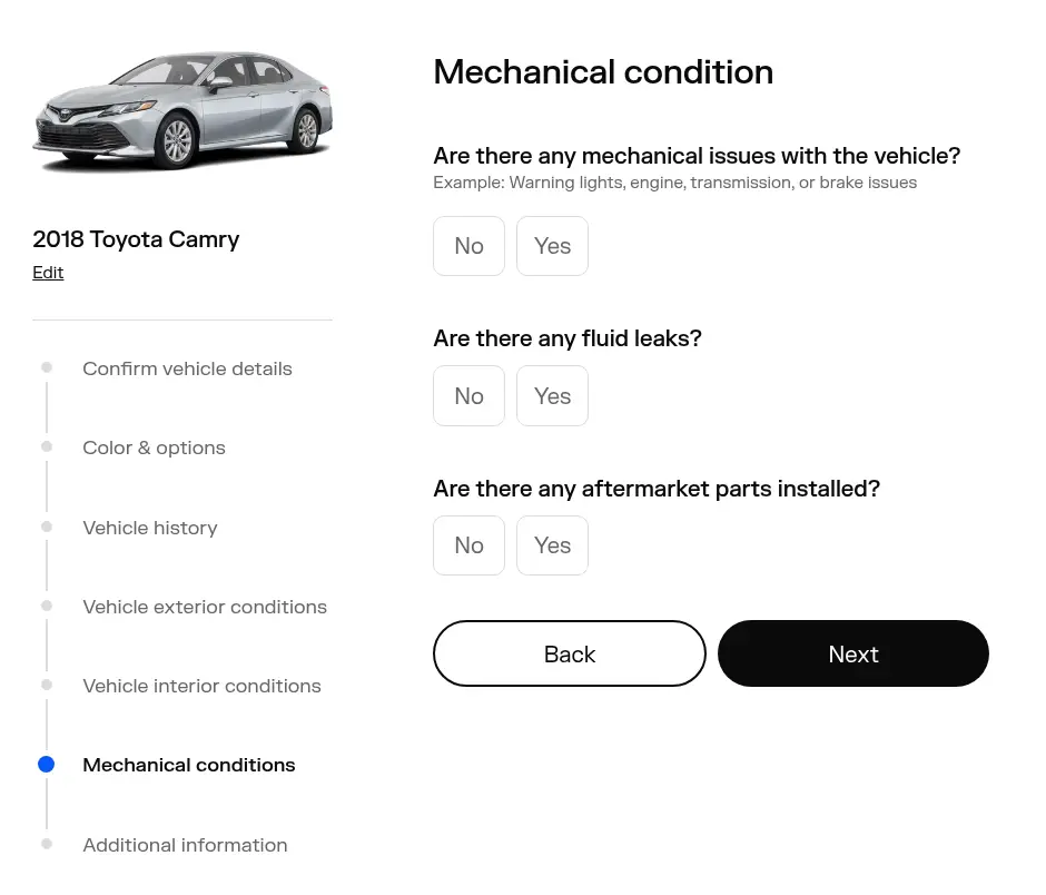 TrueCar multi-step form screen 7: mechanical issues, fluid leaks and aftermarket parts