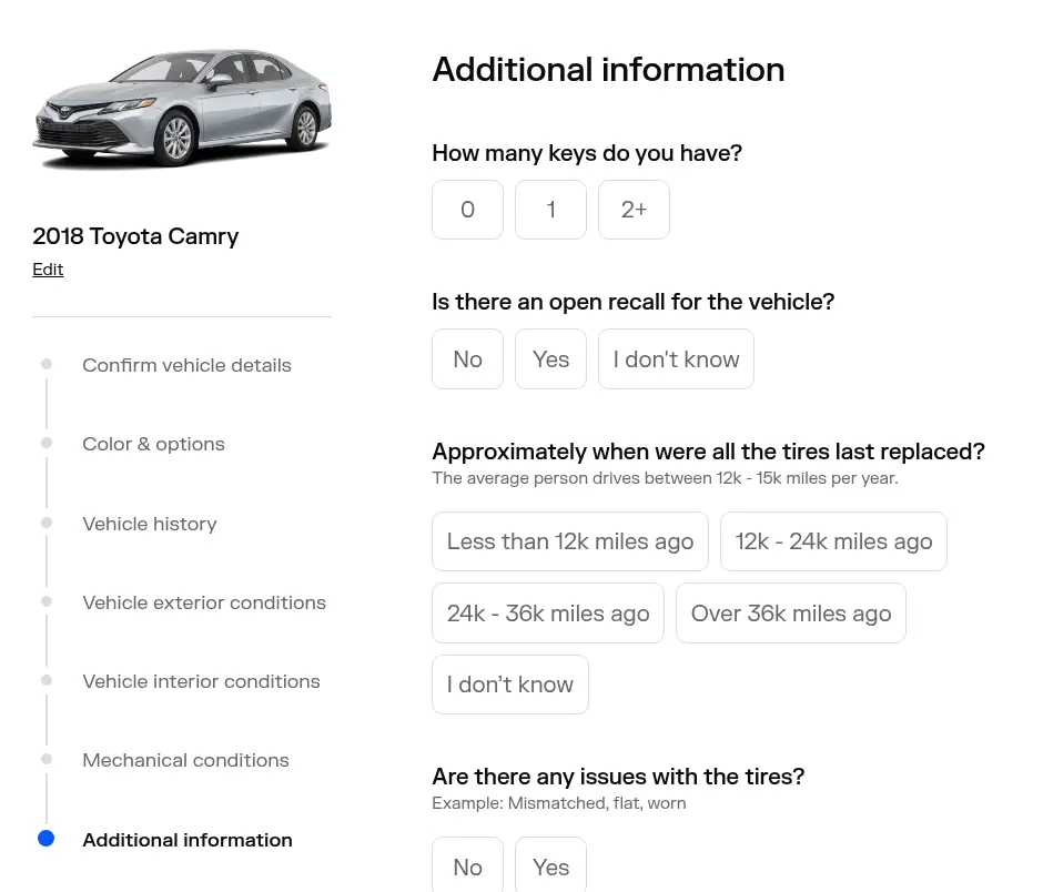 TrueCar multi-step form screen 8: keys, open recalls and tire condition