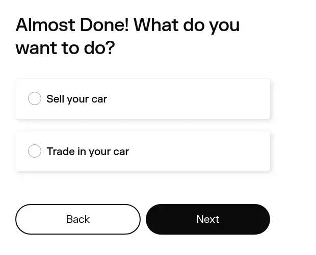TrueCar multi-step form screen 9: choose between selling the car and trading it in