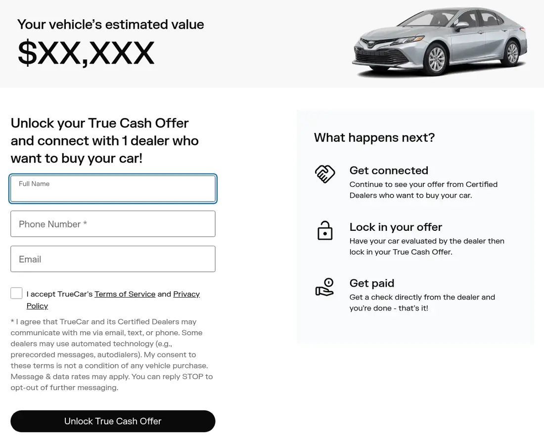 TrueCar multi-step form screen 11: full name, phone and email to unlock the cash offer, shown under the estimated value