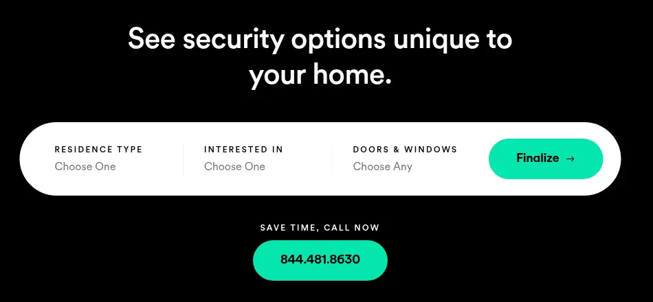Vivint multi-step form screen 1: a segmented bar for residence type, interests and doors and windows, with a Finalize button
