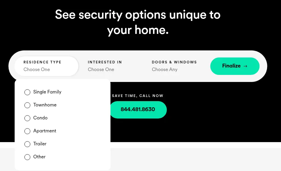 Vivint multi-step form screen 2: choose the type of home from a dropdown