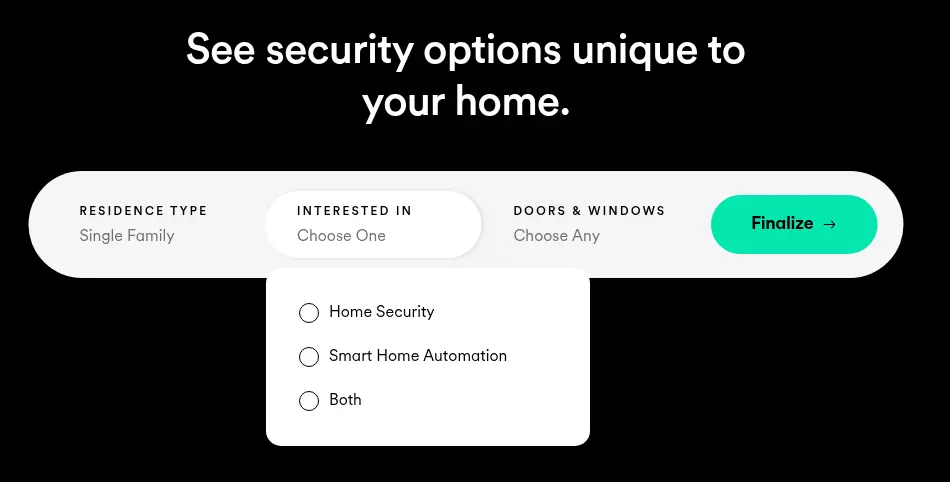 Vivint multi-step form screen 3: choose home security, smart home automation or both