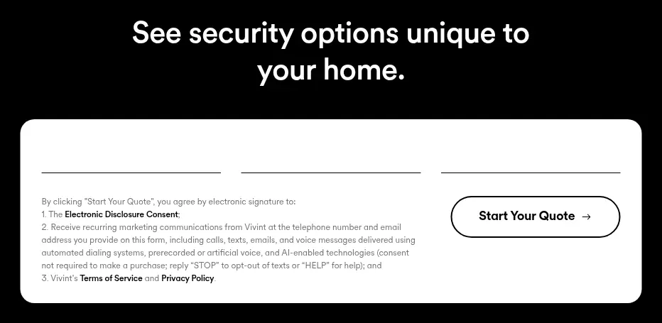 Vivint multi-step form screen 5: name, phone and email in a single card with a Start Your Quote button