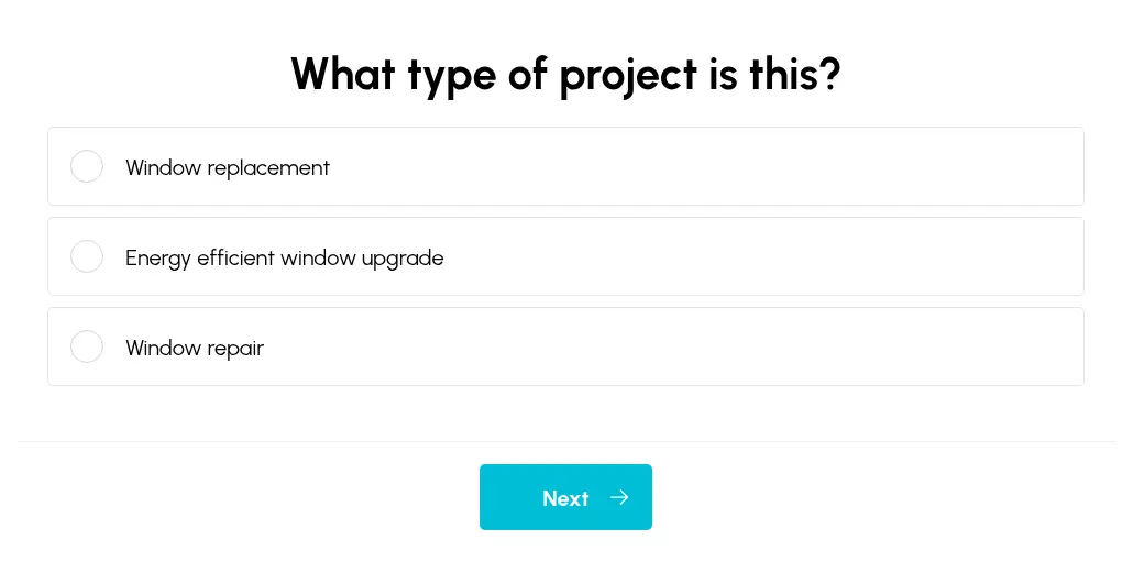WindowsEstimate multi-step form screen 2: asks whether the project is a window replacement, an energy-efficient upgrade or a repair
