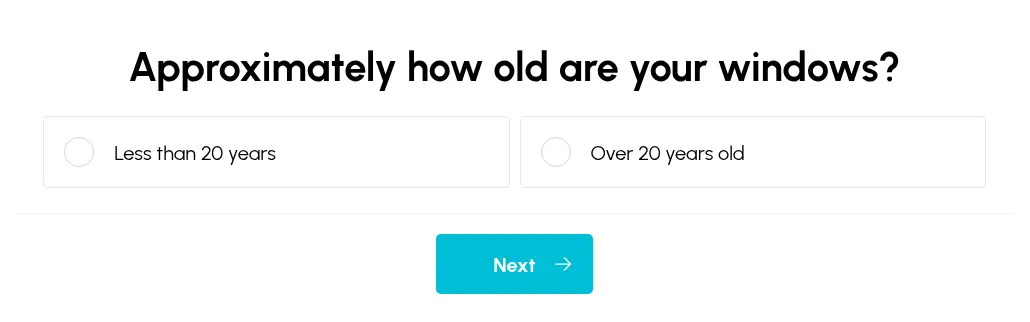 WindowsEstimate multi-step form screen 4: asks whether the windows are less than or over 20 years old