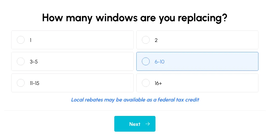 WindowsEstimate multi-step form screen 5: asks how many windows are being replaced, from 1 to 16 or more