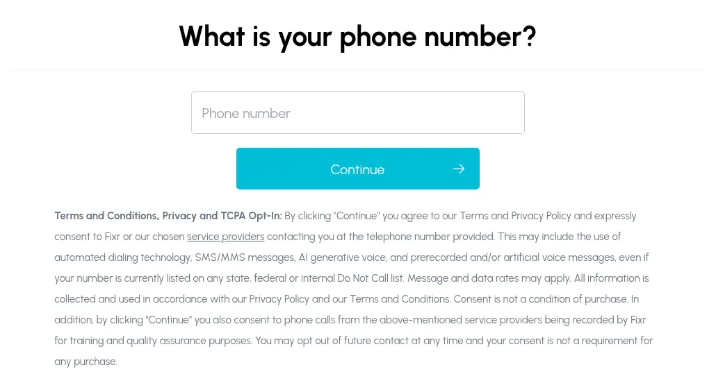 WindowsEstimate multi-step form screen 8: asks for a phone number above the Continue button and the consent text