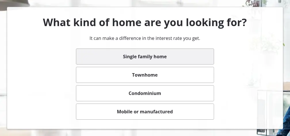 Zillow multi-step form screen 2: the kind of home, from single family to mobile or manufactured