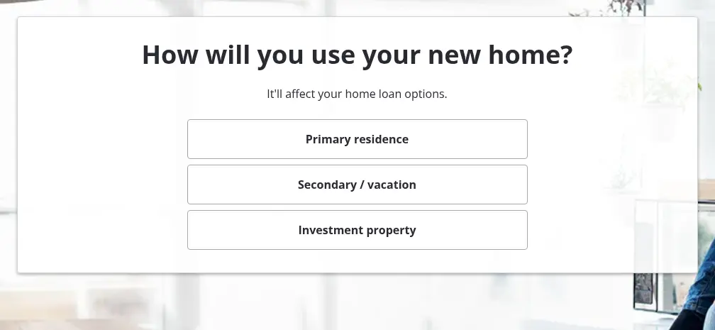 Zillow multi-step form screen 3: whether the home is a primary residence, a second home or an investment