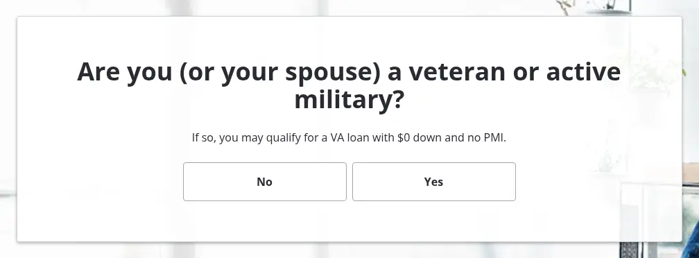 Zillow multi-step form screen 4: whether you or your spouse have served in the military, as no or yes buttons