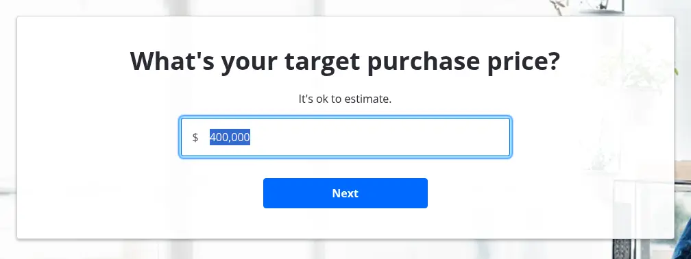 Zillow multi-step form screen 5: your target purchase price, in a dollar field