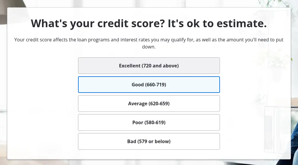 Zillow multi-step form screen 7: your estimated credit score, from five ranges