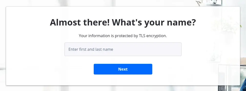Zillow multi-step form screen 10: your first and last name, in a single field