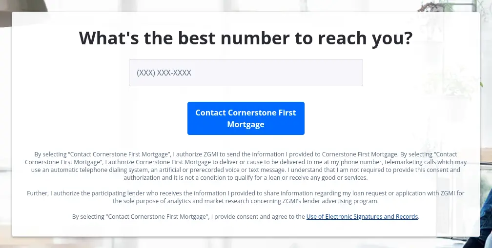 Zillow multi-step form screen 12: your phone number, with a button to contact the matched lender and the consent text below it