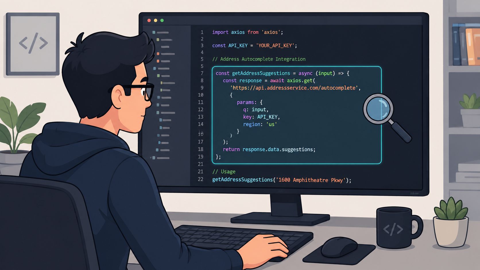 Uno sviluppatore che sta programmando l'integrazione di un'API per il completamento automatico degli indirizzi davanti allo schermo di un computer in un moderno spazio di lavoro d'ufficio.