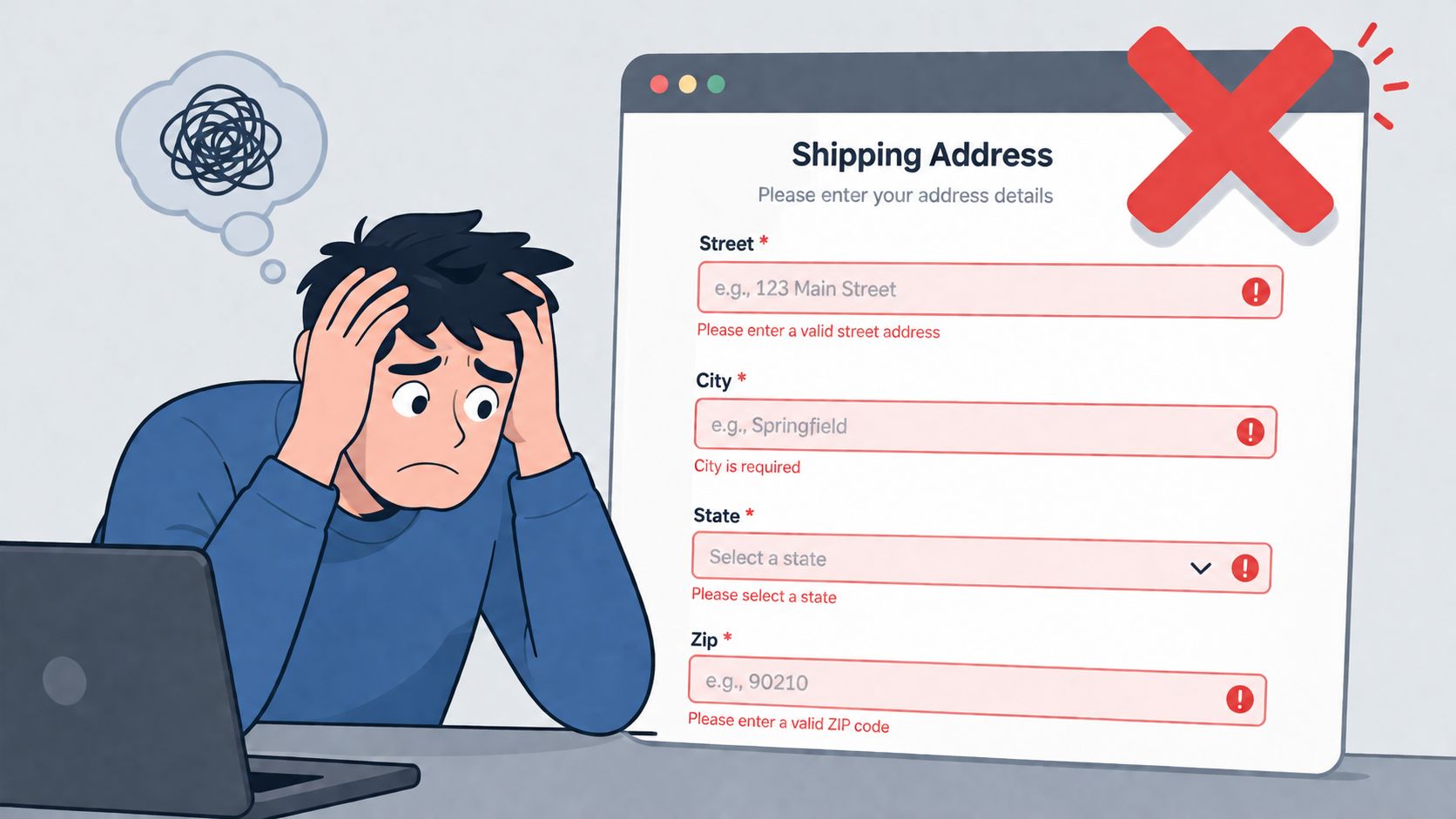 Un utente frustrato che guarda un modulo online per l'inserimento dell'indirizzo di spedizione pieno di errori sullo schermo di un portatile.