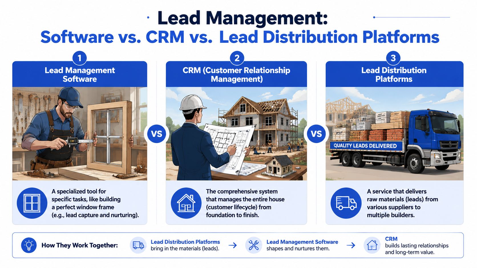 Eine Infografik, in der Lead-Management-Software, CRM und Plattformen zur Lead-Verteilung anhand von Metaphern aus dem Bauwesen miteinander verglichen werden.