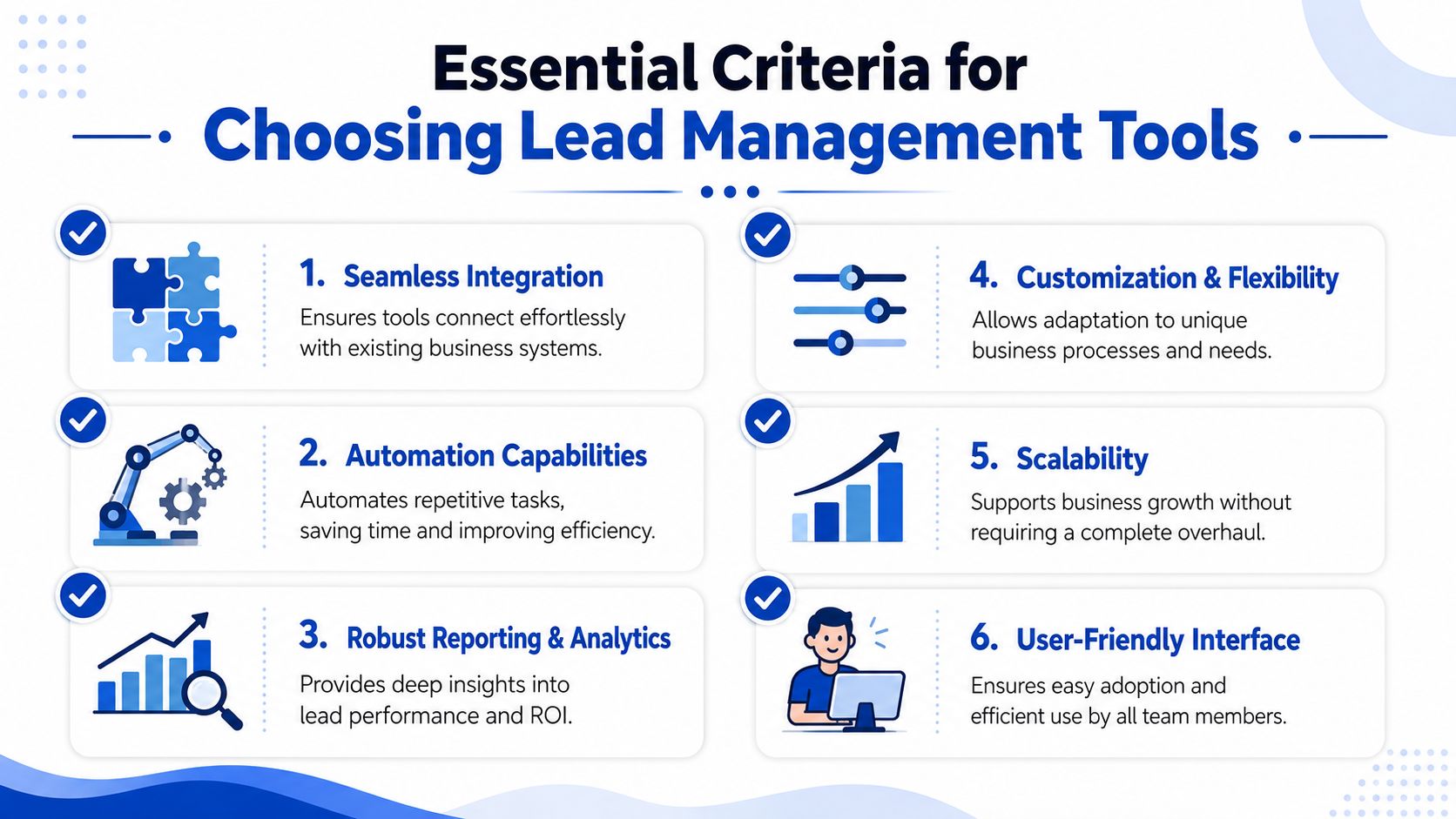 Eine professionelle Infografik, die sechs wesentliche Kriterien für die Auswahl effektiver Lead-Management-Softwaretools für Unternehmen aufzeigt.
