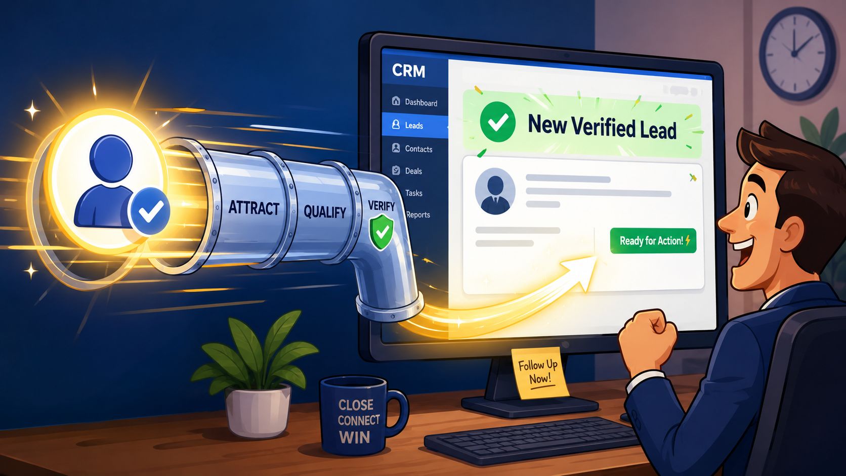 Un professionista che usa un software CRM per gestire un nuovo lead verificato attraverso un funnel di vendita automatizzato.