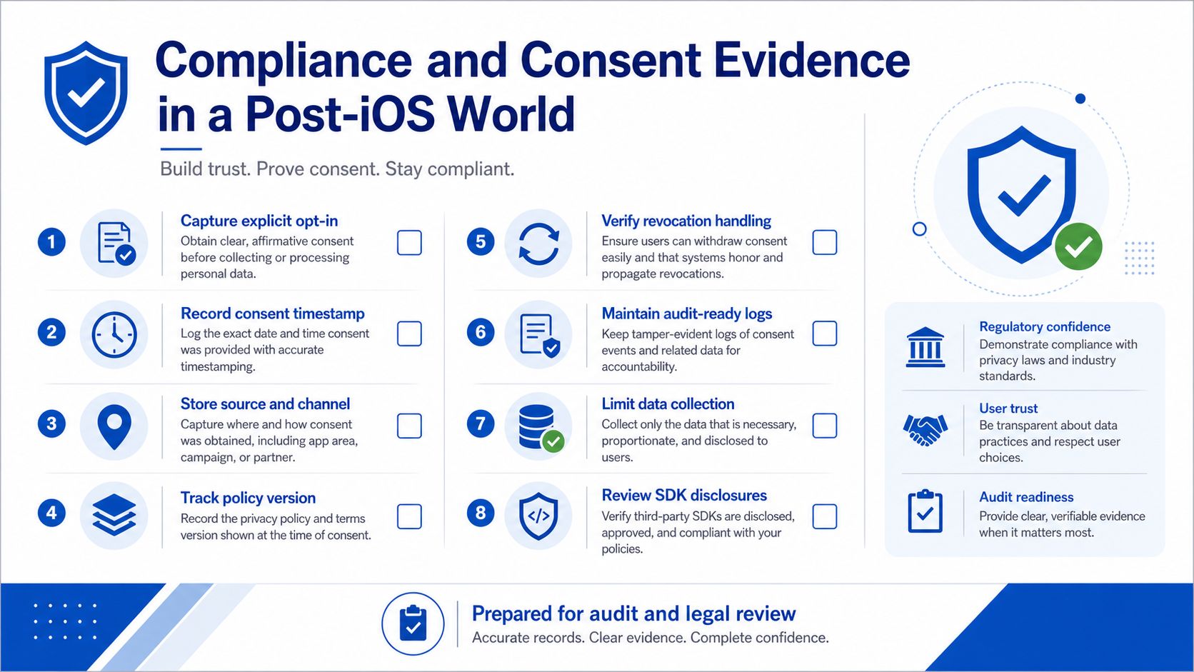 A checklist infographic outlining eight essential steps for ensuring compliance and consent evidence in a post-iOS world.