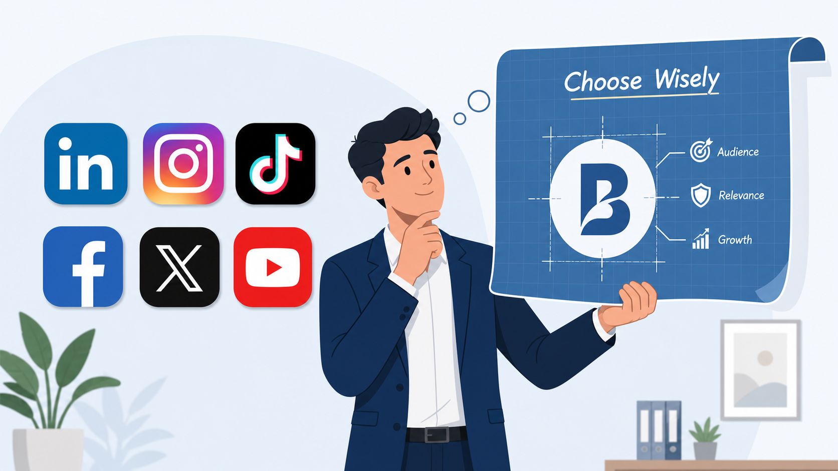 A professional man holding a blueprint of brand strategy while considering various social media platform icons.