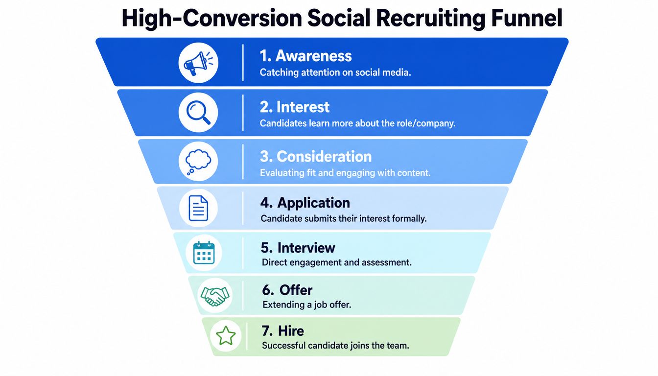 A funnel diagram illustrating the seven stages of a high-conversion social media recruiting process.