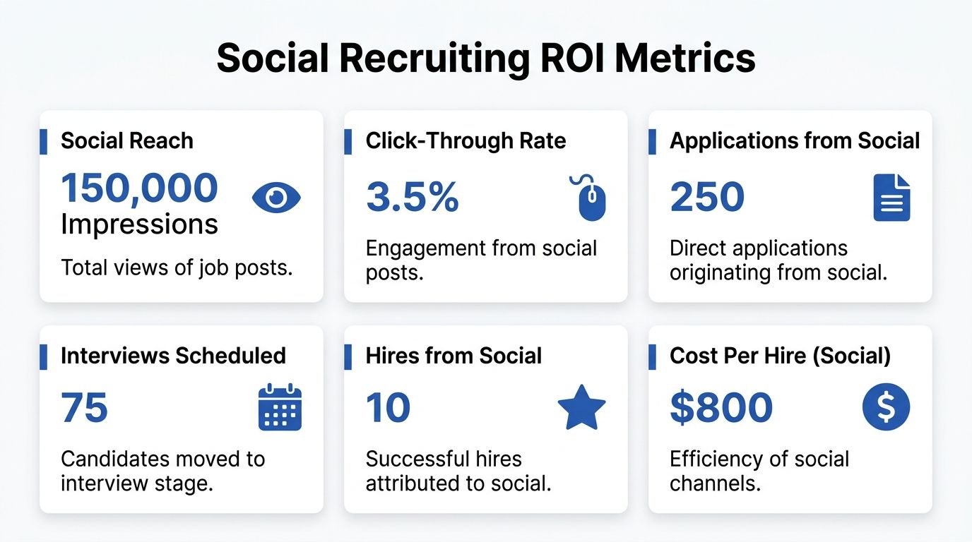 A social recruiting ROI metrics infographic showing impressions, click-through rate, applications, interviews, hires, and cost per hire.