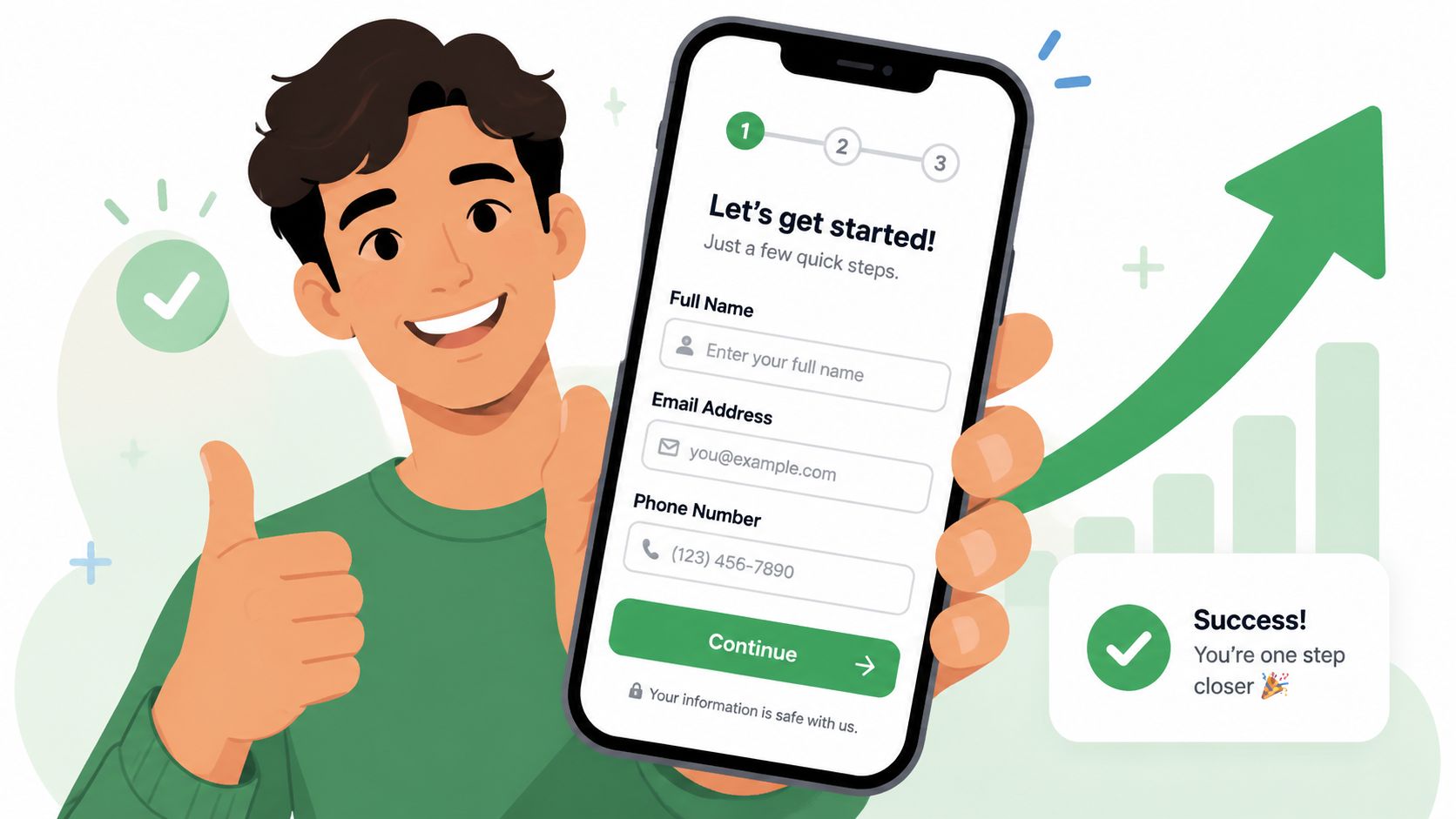 An illustration of a young man holding a phone showing a digital lead generation form.