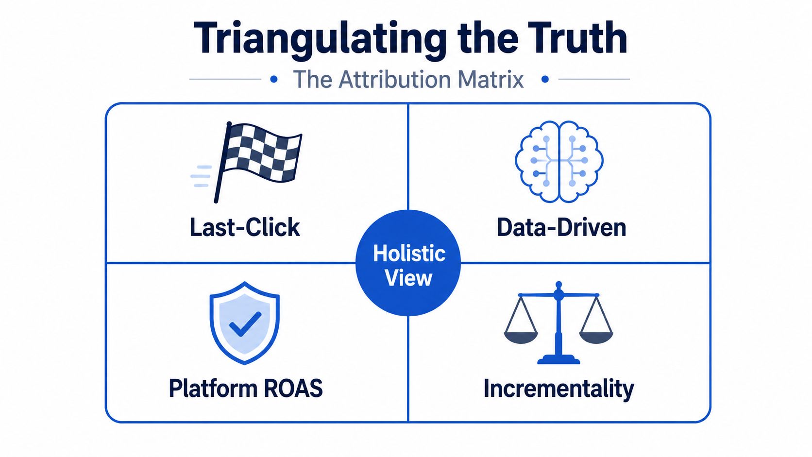 A diagram titled Triangulating the Truth showing an attribution matrix with four key marketing measurement approaches.