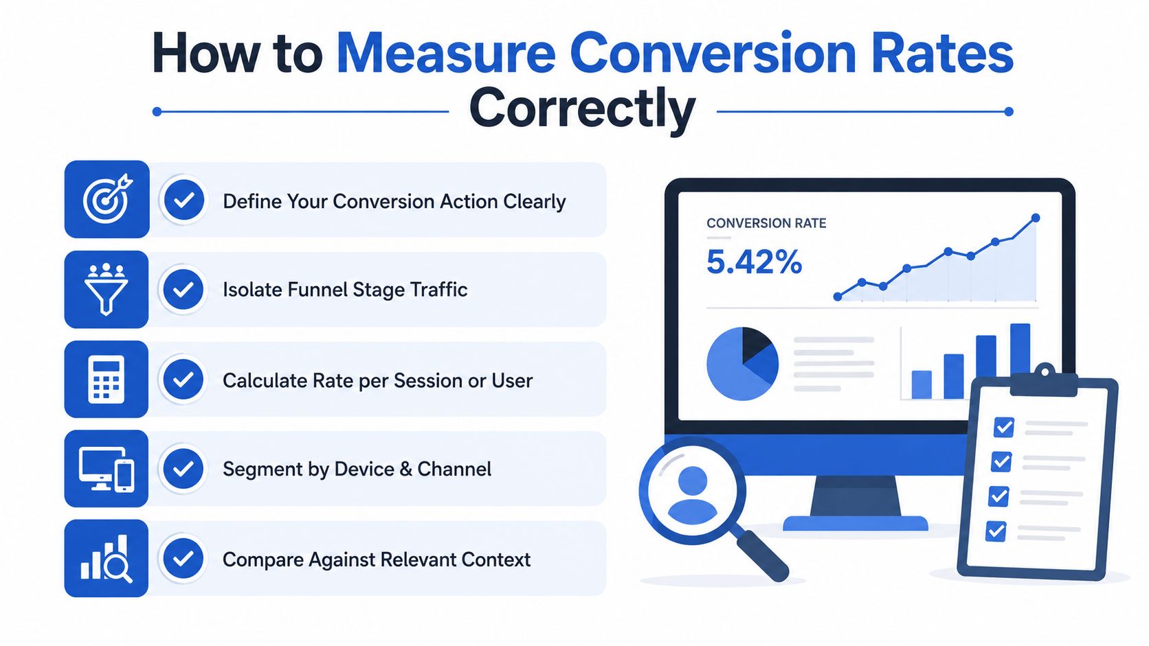 Une infographie présentant les cinq étapes essentielles pour mesurer avec précision les taux de conversion marketing, gages de réussite pour votre entreprise.