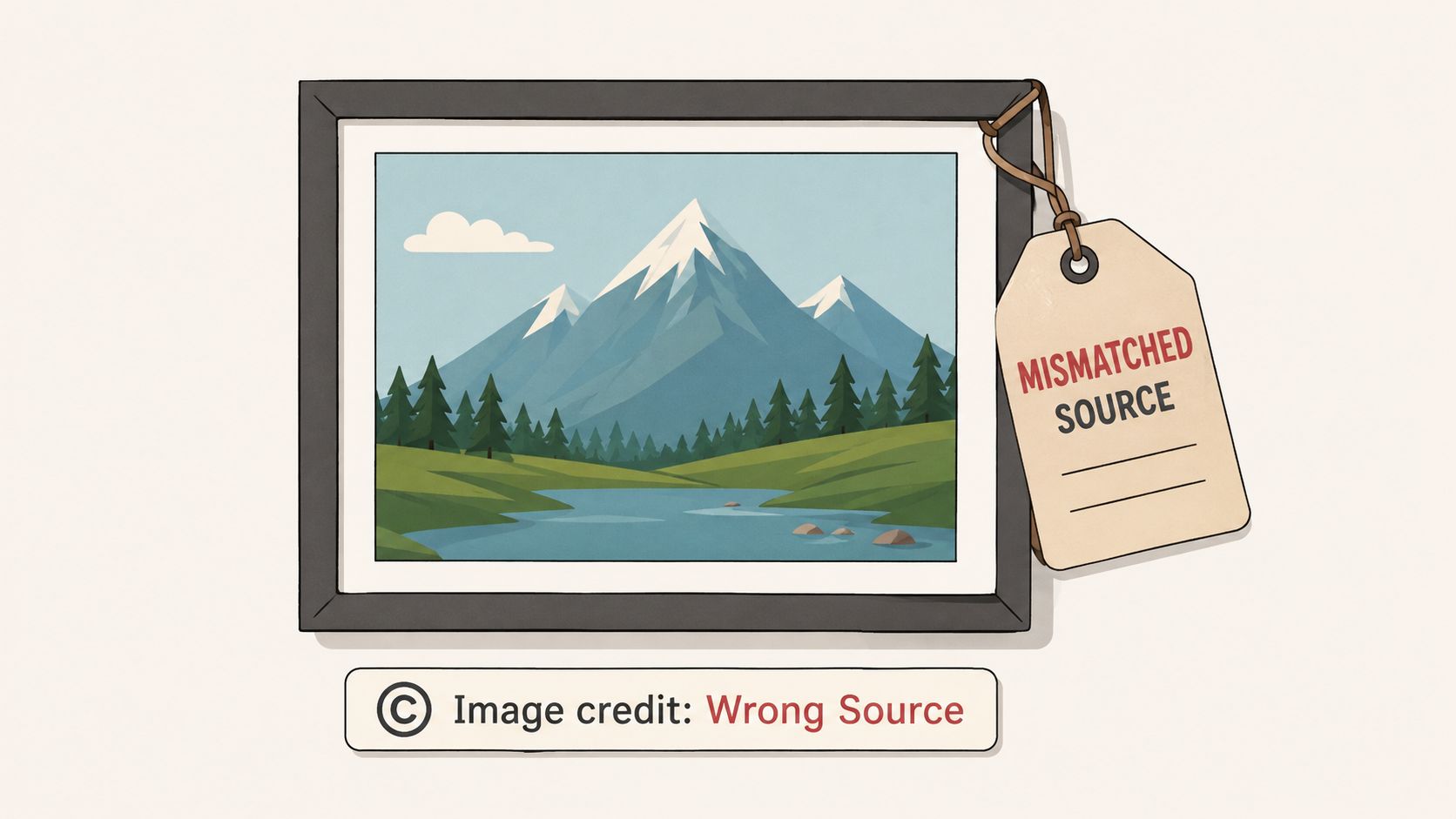 Un’illustrazione incorniciata che raffigura un paesaggio con montagne, alberi e un lago, contrassegnata dal tag “Mismatched Source”.