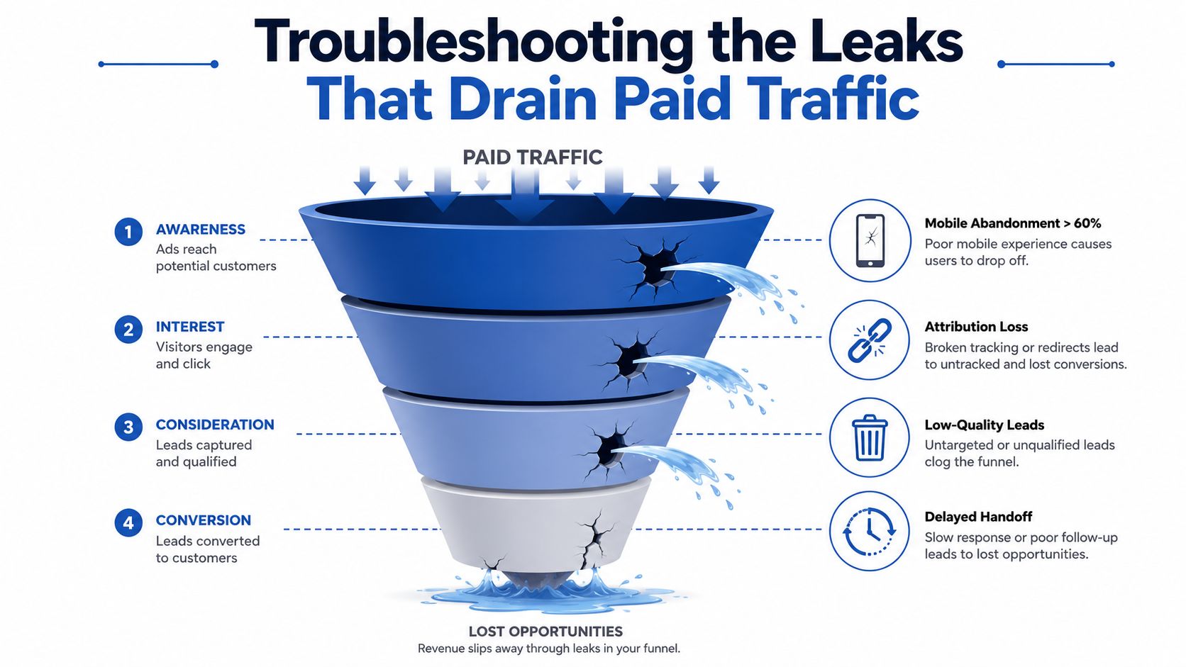A marketing funnel illustration showing four stages of paid traffic and common causes for lead leakage.