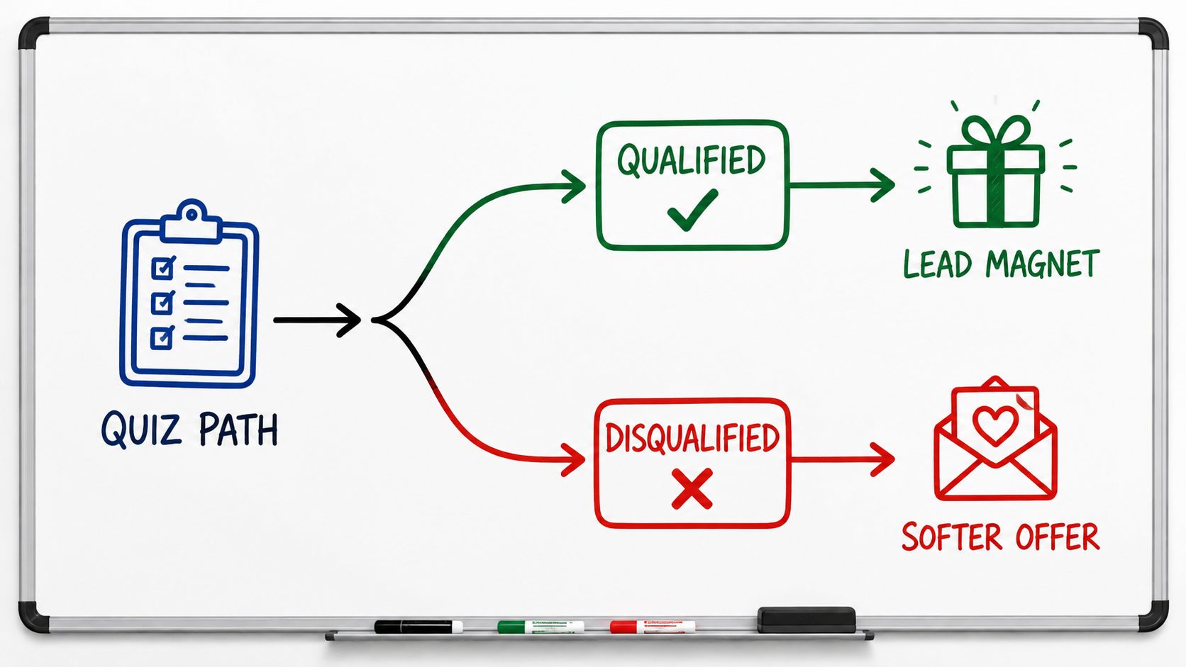 A diagram on a whiteboard illustrating a quiz funnel for lead generation with qualified and disqualified paths.