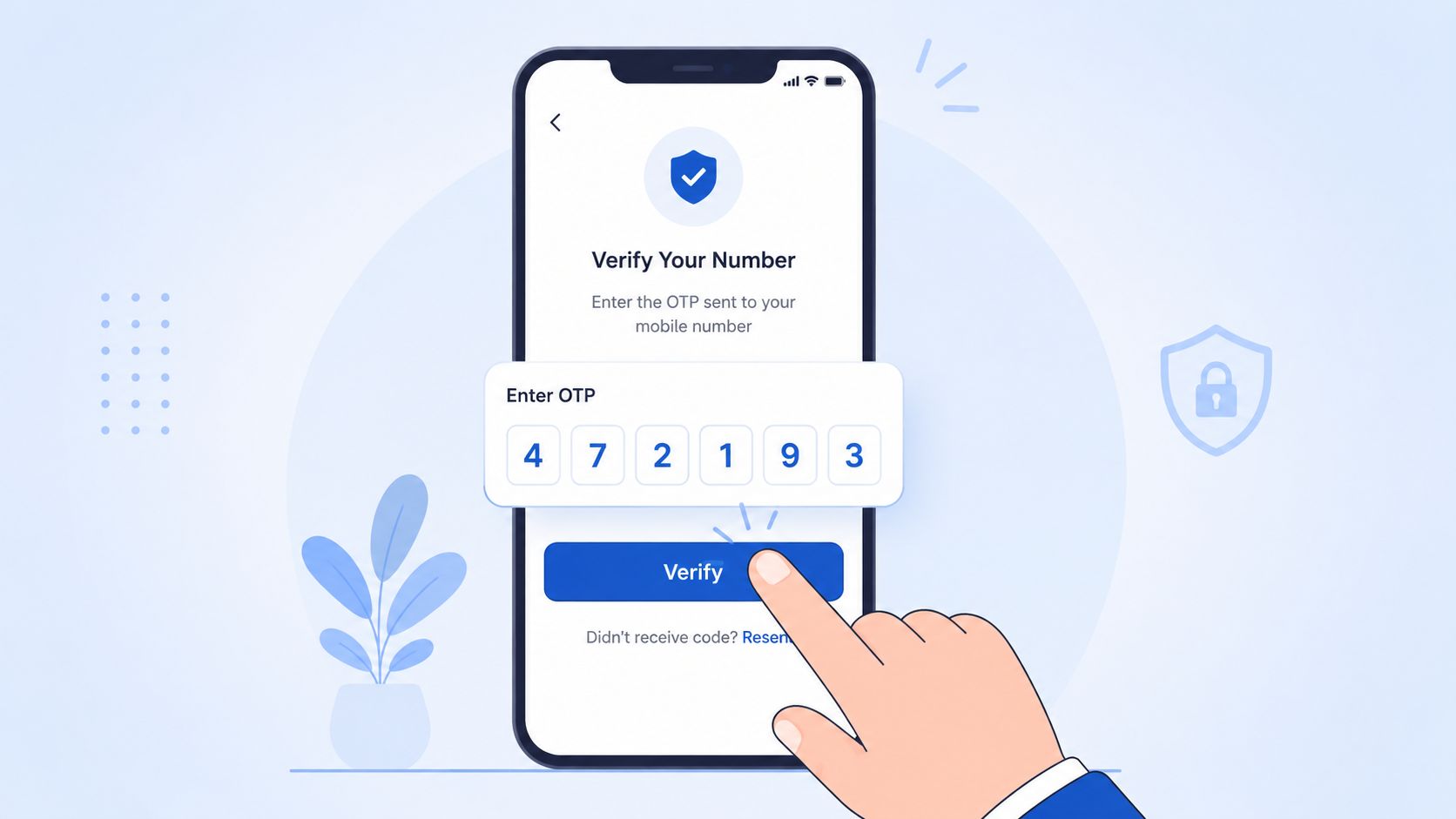 A hand pressing a verify button on a smartphone screen during a mobile number OTP verification process.