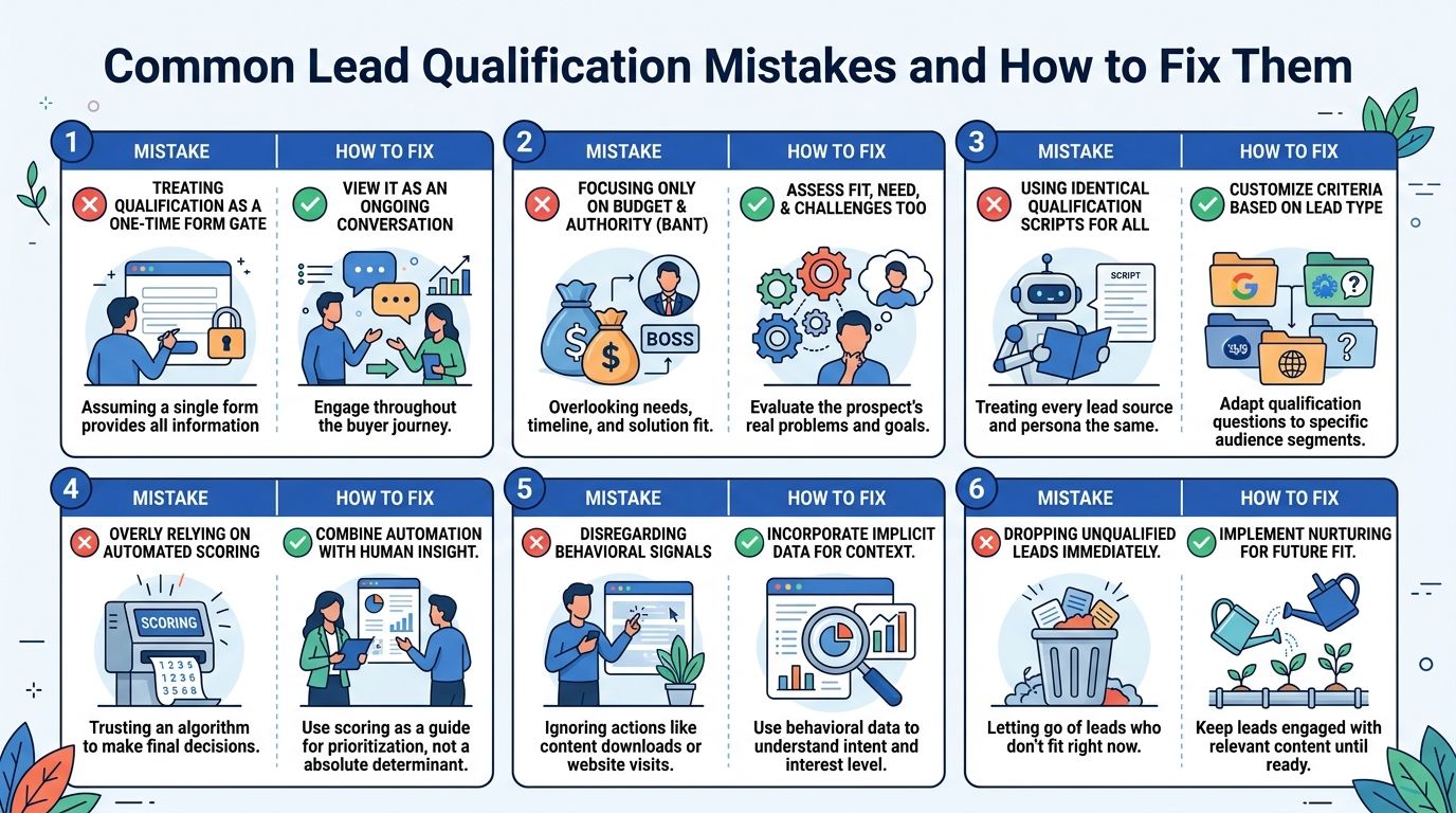 Un'infografica che illustra sei errori comuni nella qualificazione dei lead nel settore delle vendite e le strategie concrete per risolverli.