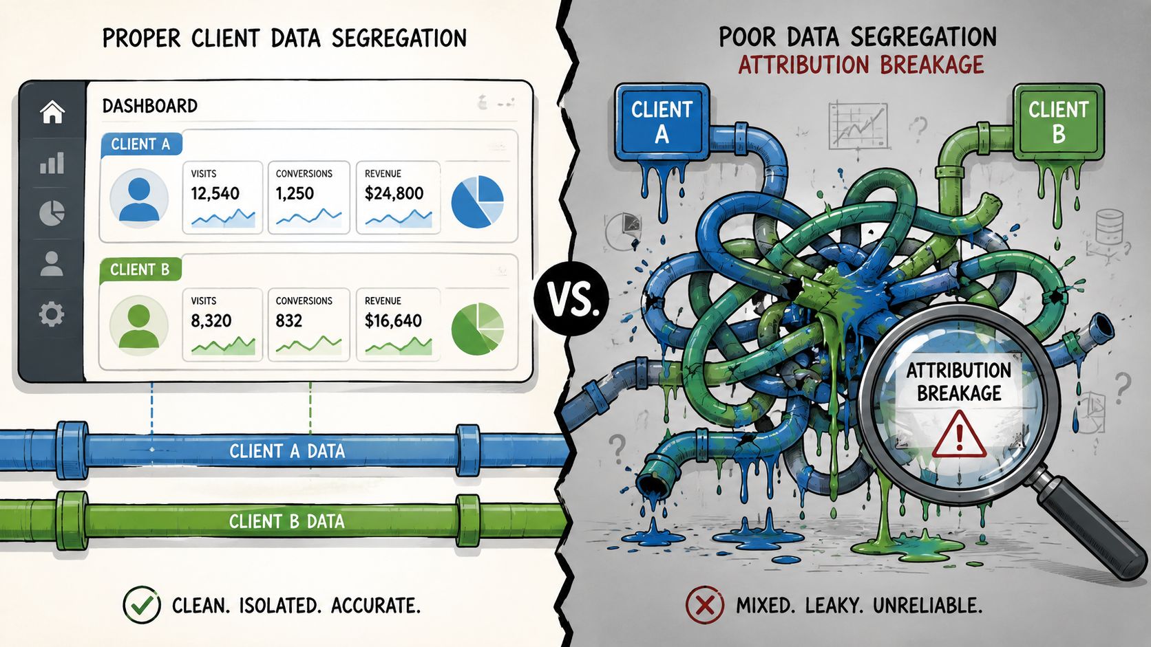 Un'illustrazione che mette a confronto una corretta separazione dei dati dei clienti da un'organizzazione disordinata e confusa dei dati, che causa errori di attribuzione.