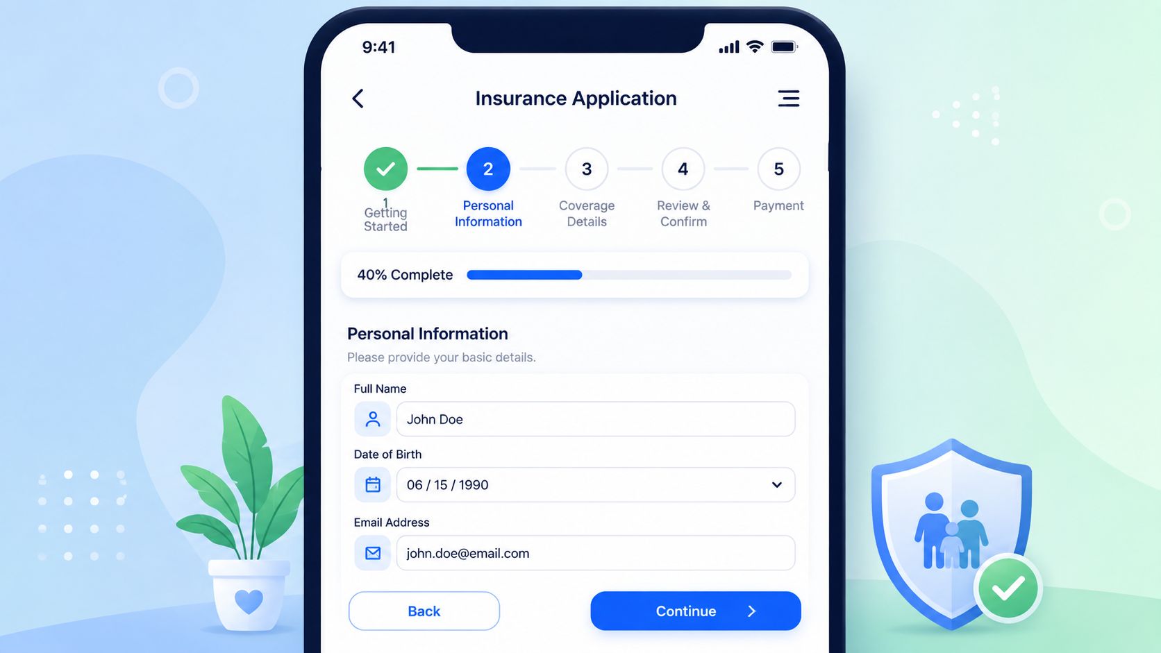 L'écran d'un smartphone affichant un formulaire de souscription d'assurance, qui en est actuellement à l'étape relative aux informations personnelles.