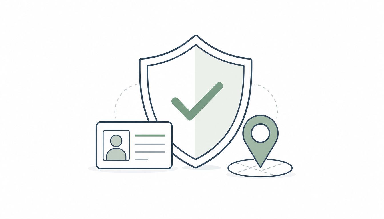 A flat vector illustration featuring a shield with a checkmark, an identity card, and a map pin.
